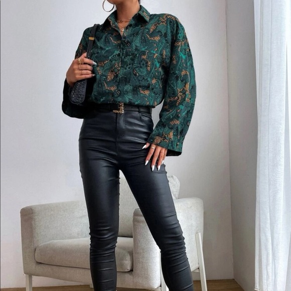 Boho Floral Paisley Print Button Down Shirt Top Blouse Green - Picture 3 of 5